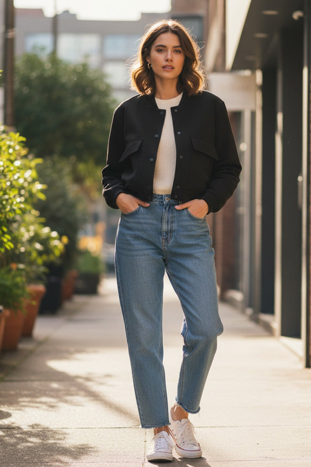 Solid Color Pocket Stand Collar Jacket