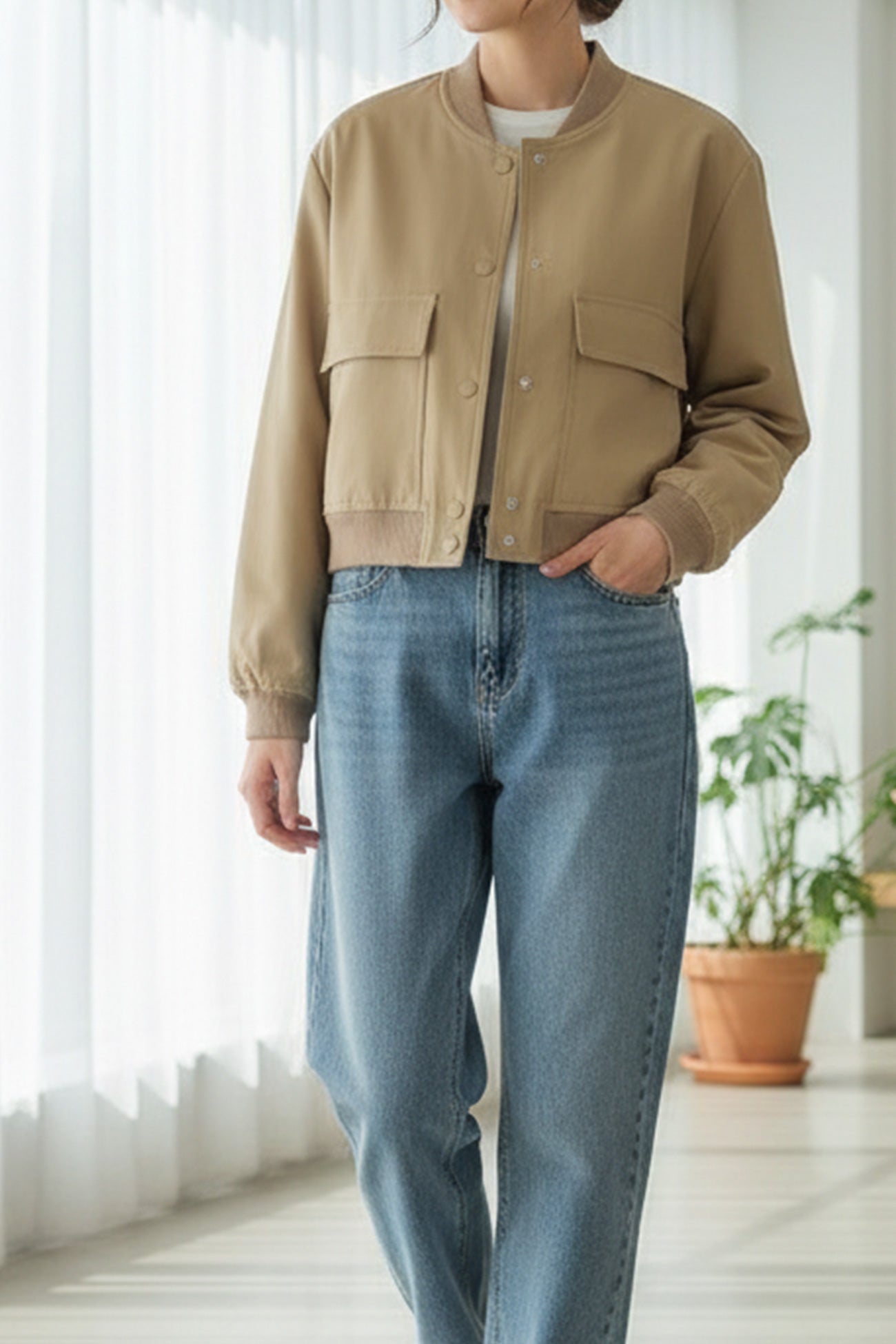 Solid Color Pocket Stand Collar Jacket