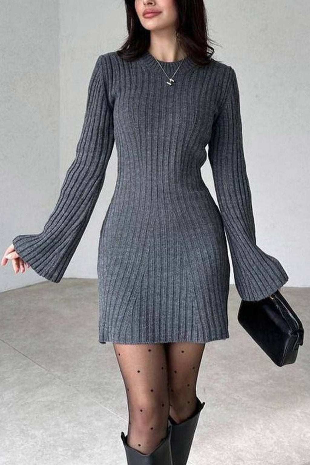 Ribbed Knit Mock Neck Diagonal Panel Long Sleeve Bodycon Mini Dress