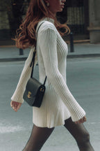 Ribbed Knit Mock Neck Diagonal Panel Long Sleeve Bodycon Mini Dress