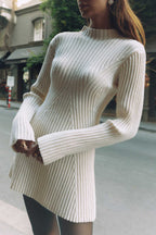 Ribbed Knit Mock Neck Diagonal Panel Long Sleeve Bodycon Mini Dress