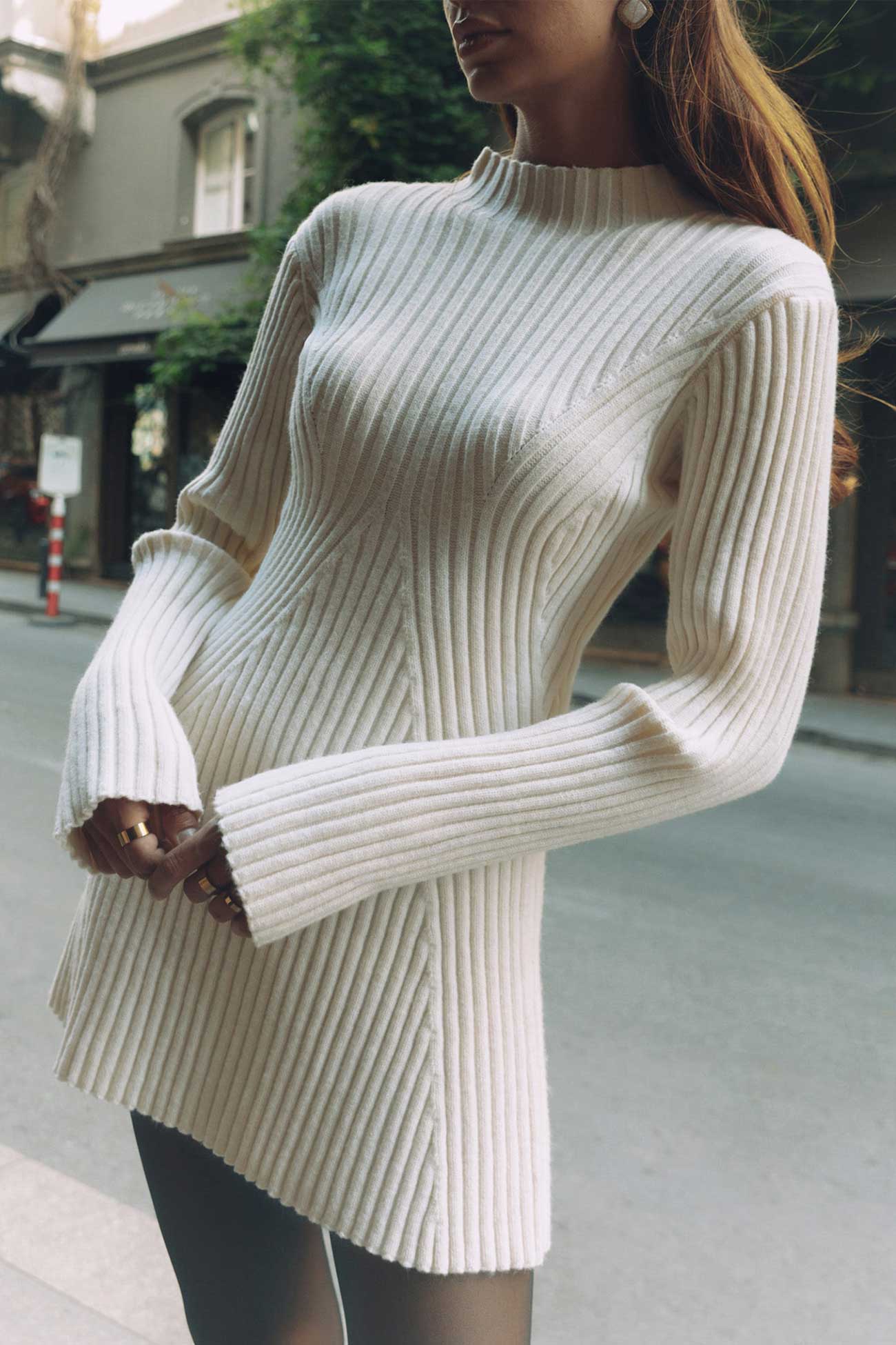 Ribbed Knit Mock Neck Diagonal Panel Long Sleeve Bodycon Mini Dress