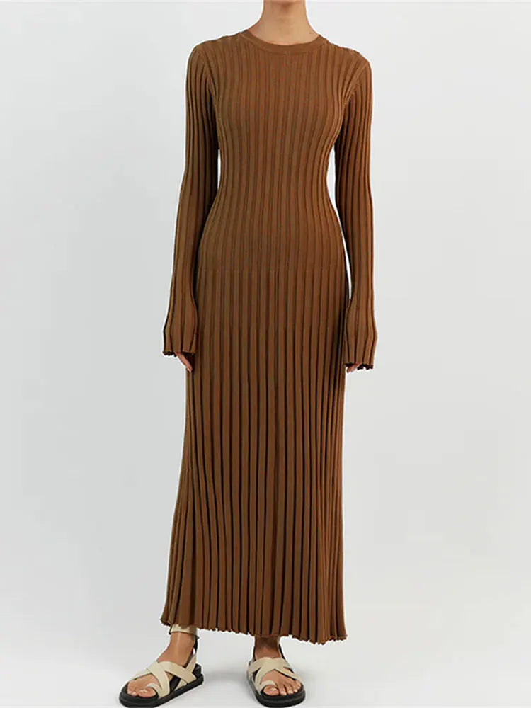 Rib Knit Crew Neck Long Sleeve Bell Cuff Bodycon Maxi Dress