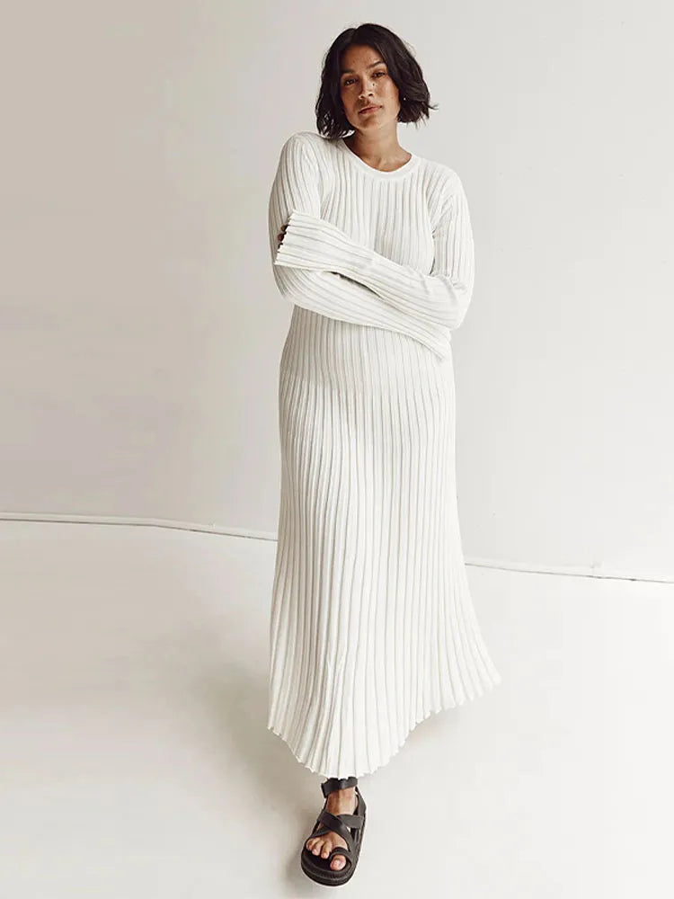 Rib Knit Crew Neck Long Sleeve Bell Cuff Bodycon Maxi Dress