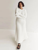 Rib Knit Crew Neck Long Sleeve Bell Cuff Bodycon Maxi Dress