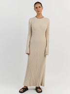 Rib Knit Crew Neck Long Sleeve Bell Cuff Bodycon Maxi Dress