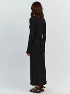 Rib Knit Crew Neck Long Sleeve Bell Cuff Bodycon Maxi Dress