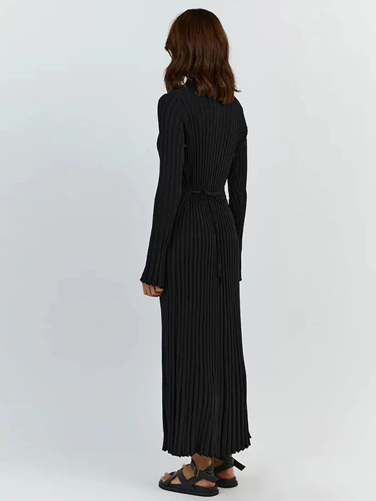 Rib Knit Crew Neck Long Sleeve Bell Cuff Bodycon Maxi Dress
