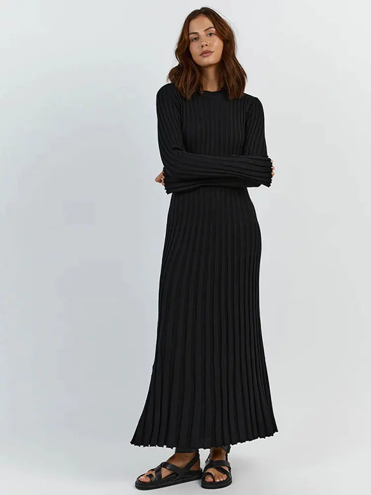 Rib Knit Crew Neck Long Sleeve Bell Cuff Bodycon Maxi Dress