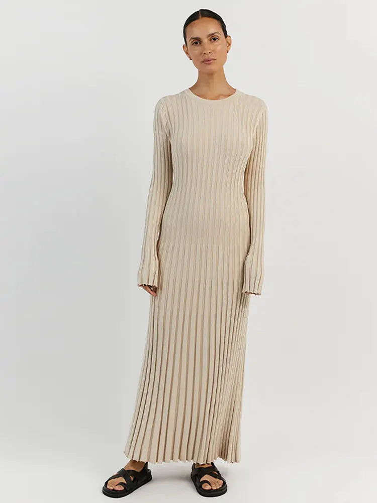 Rib Knit Crew Neck Long Sleeve Bell Cuff Bodycon Maxi Dress
