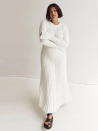 Rib Knit Crew Neck Long Sleeve Bell Cuff Bodycon Maxi Dress