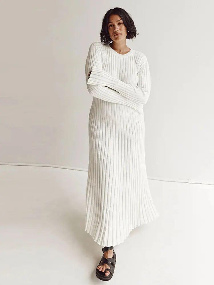 Rib Knit Crew Neck Long Sleeve Bell Cuff Bodycon Maxi Dress