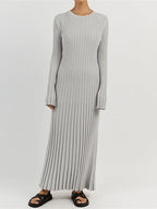 Rib Knit Crew Neck Long Sleeve Bell Cuff Bodycon Maxi Dress