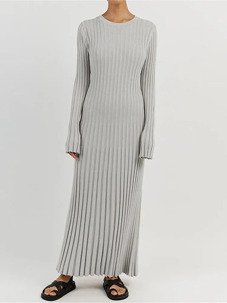 Rib Knit Crew Neck Long Sleeve Bell Cuff Bodycon Maxi Dress