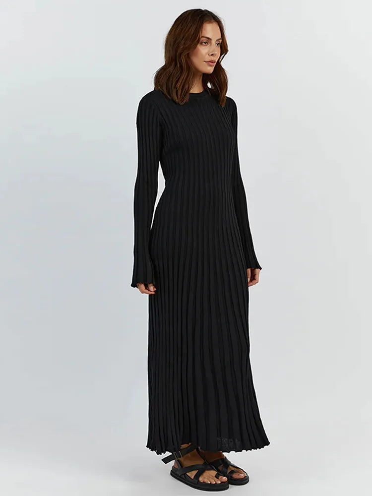Rib Knit Crew Neck Long Sleeve Bell Cuff Bodycon Maxi Dress