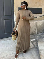 Rib Knit Crew Neck Long Sleeve Bell Cuff Bodycon Maxi Dress