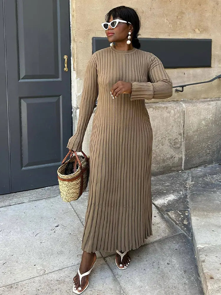 Rib Knit Crew Neck Long Sleeve Bell Cuff Bodycon Maxi Dress
