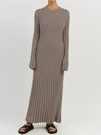 Rib Knit Crew Neck Long Sleeve Bell Cuff Bodycon Maxi Dress
