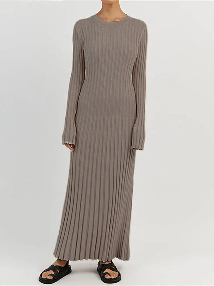 Rib Knit Crew Neck Long Sleeve Bell Cuff Bodycon Maxi Dress