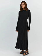 Rib Knit Crew Neck Long Sleeve Bell Cuff Bodycon Maxi Dress