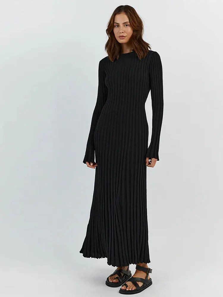 Rib Knit Crew Neck Long Sleeve Bell Cuff Bodycon Maxi Dress