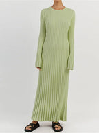 Rib Knit Crew Neck Long Sleeve Bell Cuff Bodycon Maxi Dress
