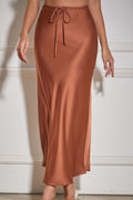 Solid Color Satin Drawstring Midi Skirt