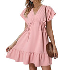 V-Neck Flutter Sleeve Drawstring Ruffle Hem Mini Dress