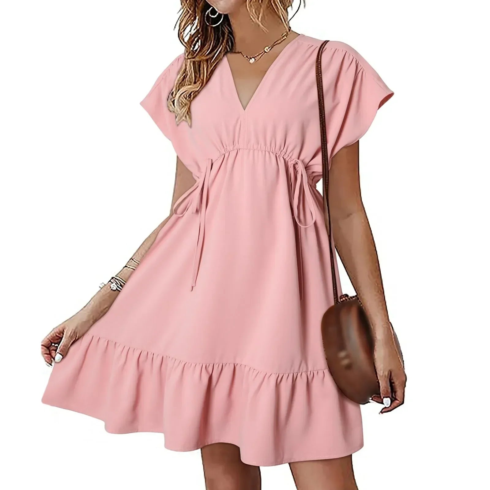 V-Neck Flutter Sleeve Drawstring Ruffle Hem Mini Dress