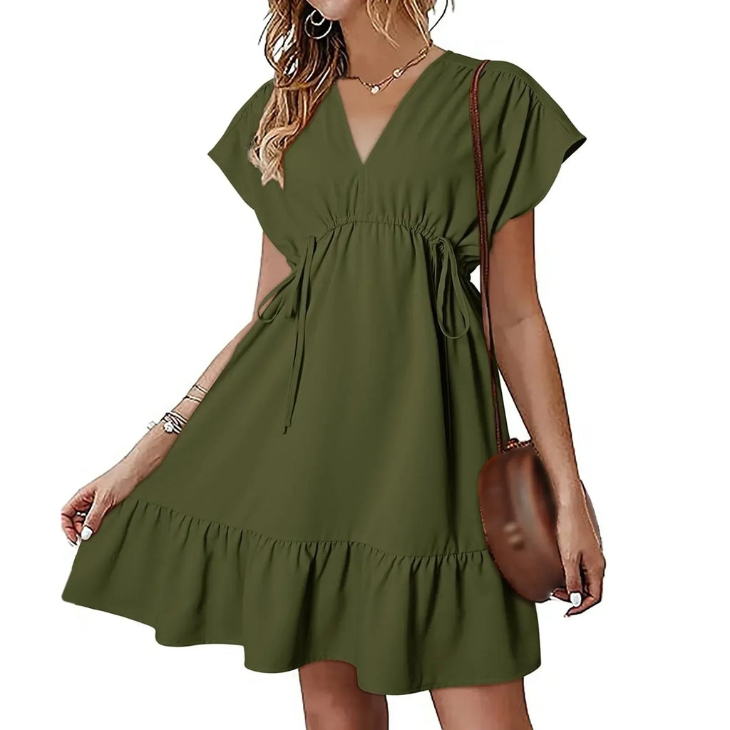 V-Neck Flutter Sleeve Drawstring Ruffle Hem Mini Dress