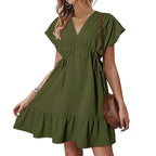 V-Neck Flutter Sleeve Drawstring Ruffle Hem Mini Dress