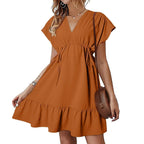 V-Neck Flutter Sleeve Drawstring Ruffle Hem Mini Dress