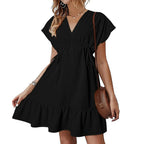 V-Neck Flutter Sleeve Drawstring Ruffle Hem Mini Dress
