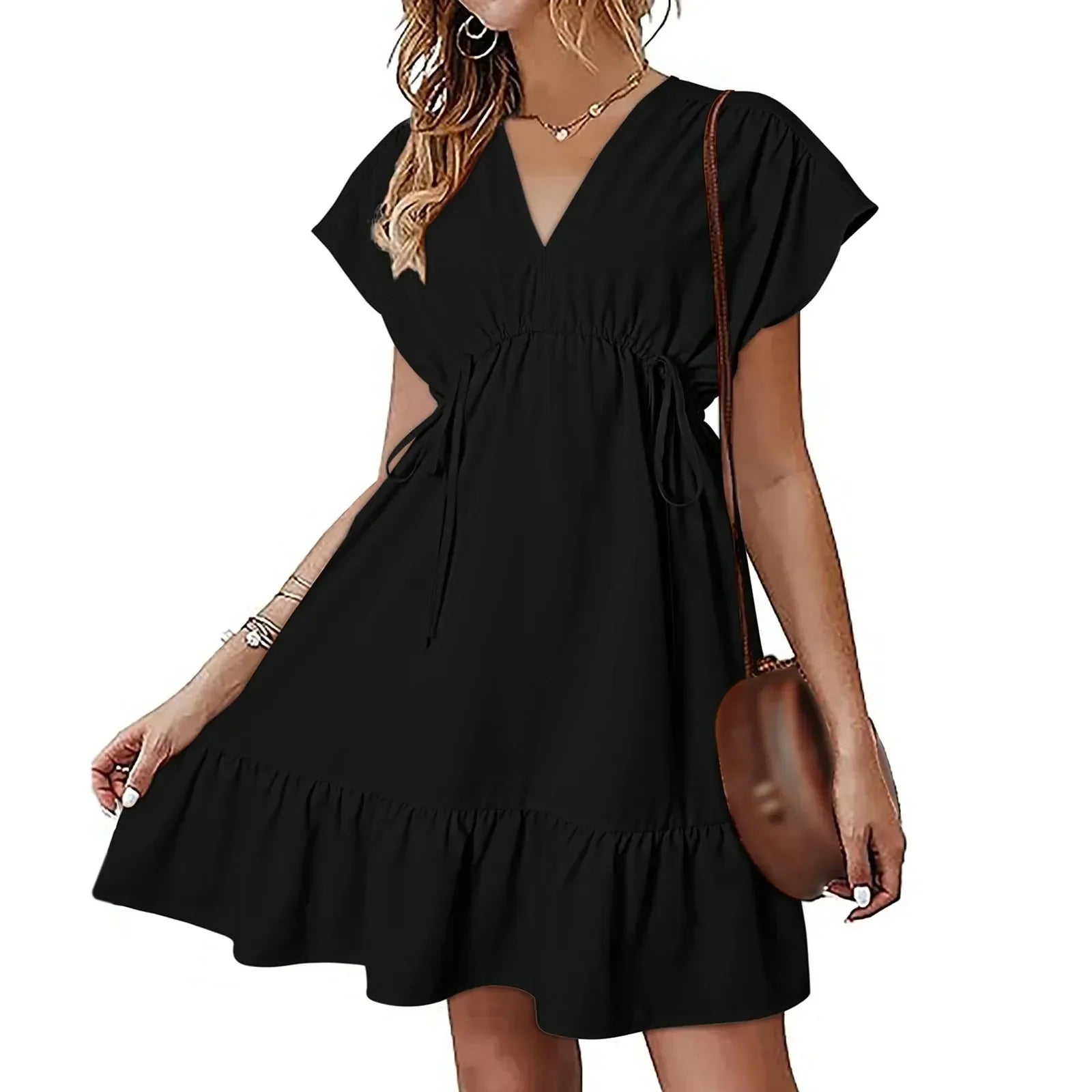 V-Neck Flutter Sleeve Drawstring Ruffle Hem Mini Dress