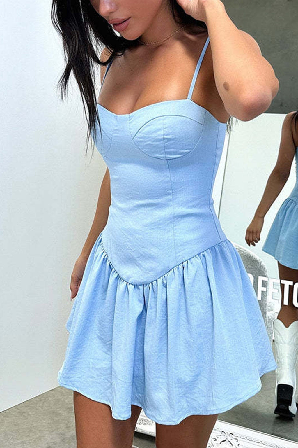 Corset Bustier Sweetheart Neck Spaghetti Strap Drop Waist Gathered Mini Dress