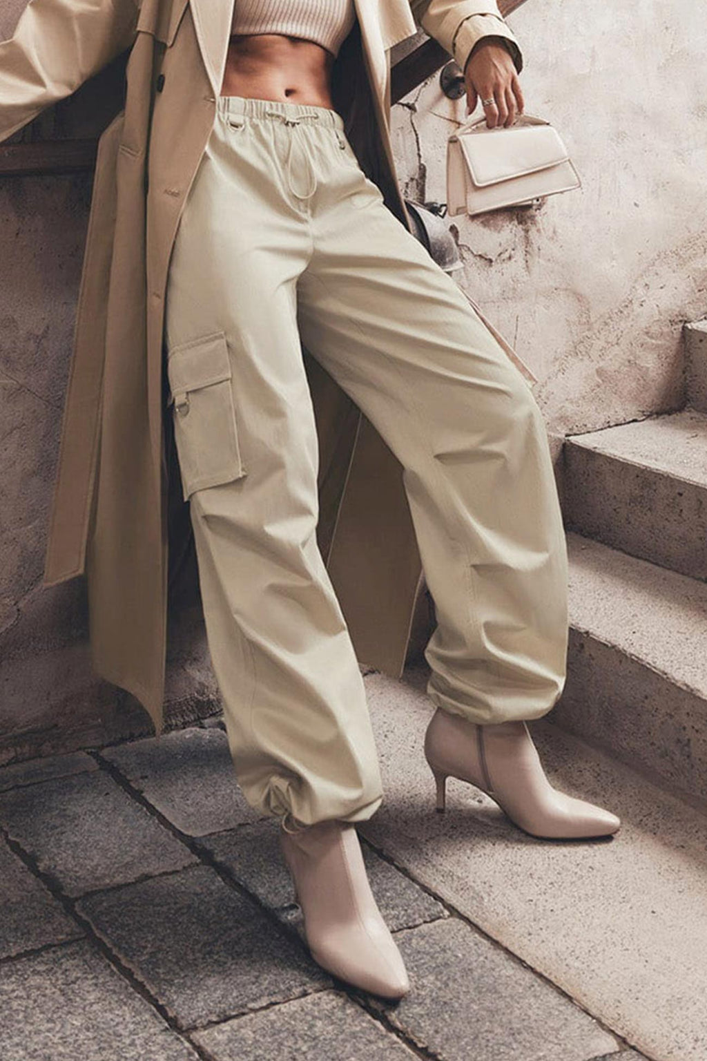 Solid Drawstring Large Pocket Cargo Pants