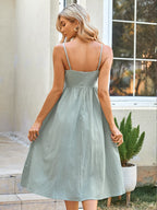 Square Neck Spaghetti Strap Button Front Empire Waist A-Line Midi Dress