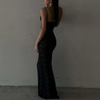 Floral Lace Spaghetti Strap Scoop Back Sheer Overlay Column Maxi Dress