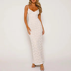 Floral Lace Spaghetti Strap Scoop Back Sheer Overlay Column Maxi Dress
