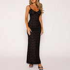 Floral Lace Spaghetti Strap Scoop Back Sheer Overlay Column Maxi Dress