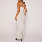 Floral Lace Spaghetti Strap Scoop Back Sheer Overlay Column Maxi Dress