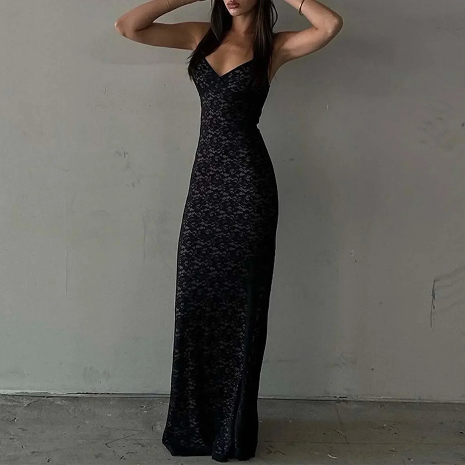 Floral Lace Spaghetti Strap Scoop Back Sheer Overlay Column Maxi Dress