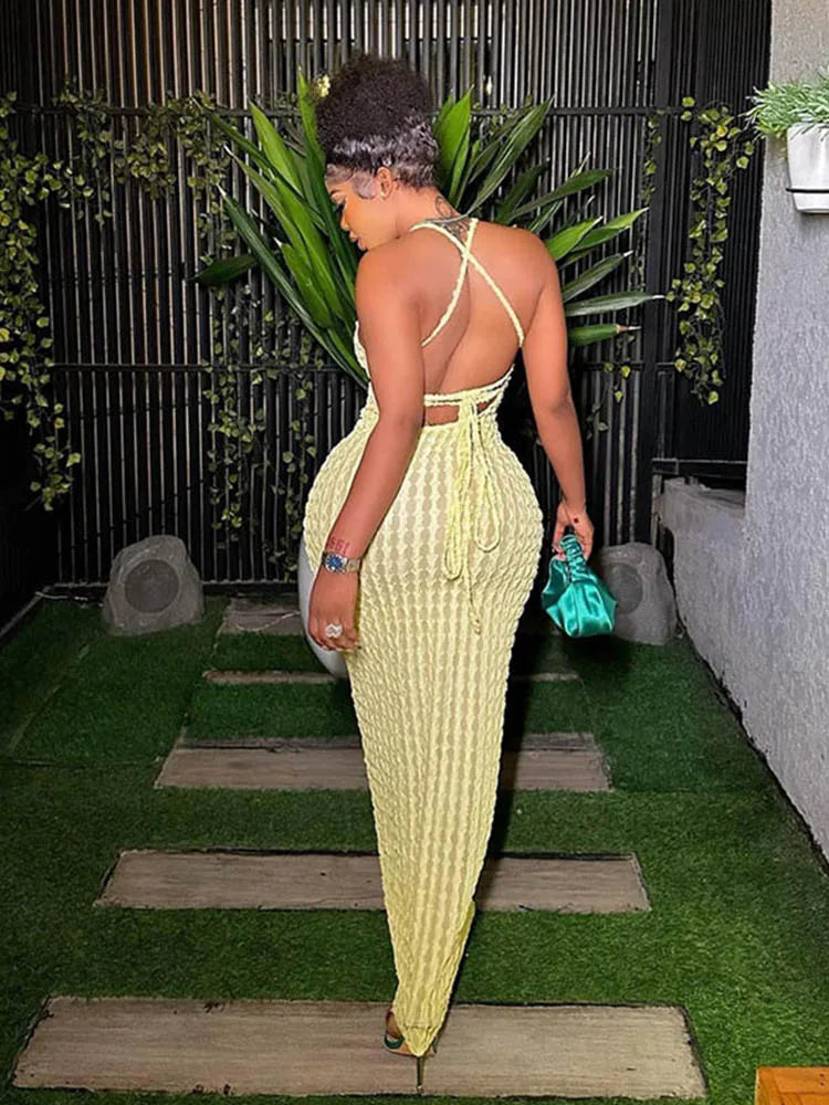 Halter Neck Popcorn Texture Ruched Bodycon Maxi Dress