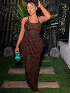 Halter Neck Popcorn Texture Ruched Bodycon Maxi Dress