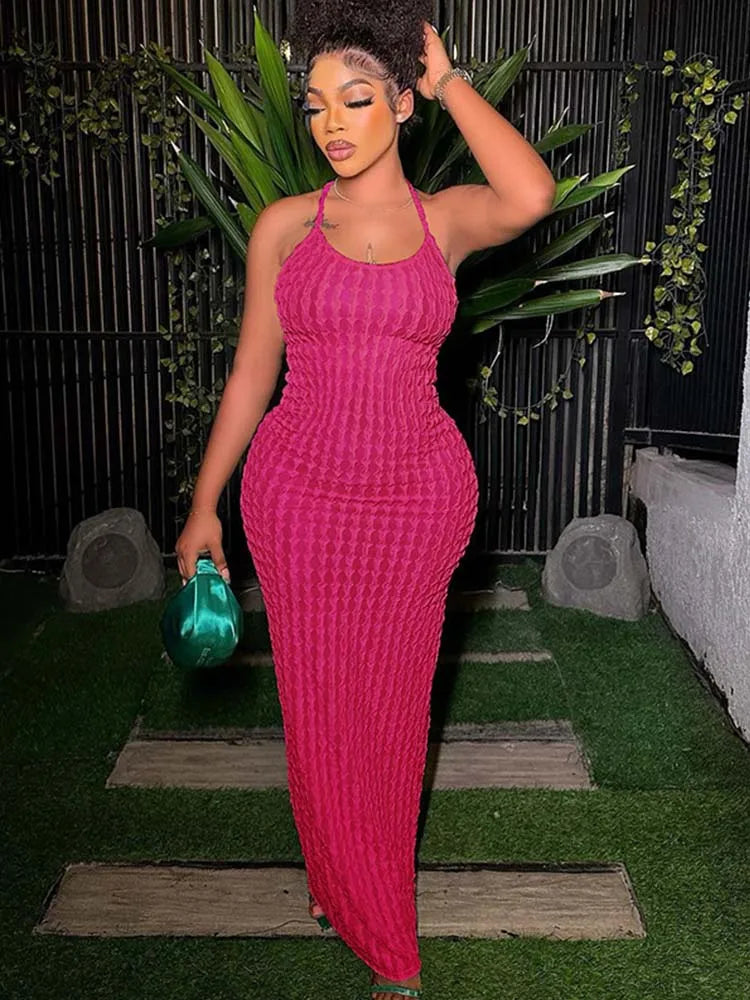 Popcorn Knit Halter Neck Scoop Neck Bodycon Maxi Dress