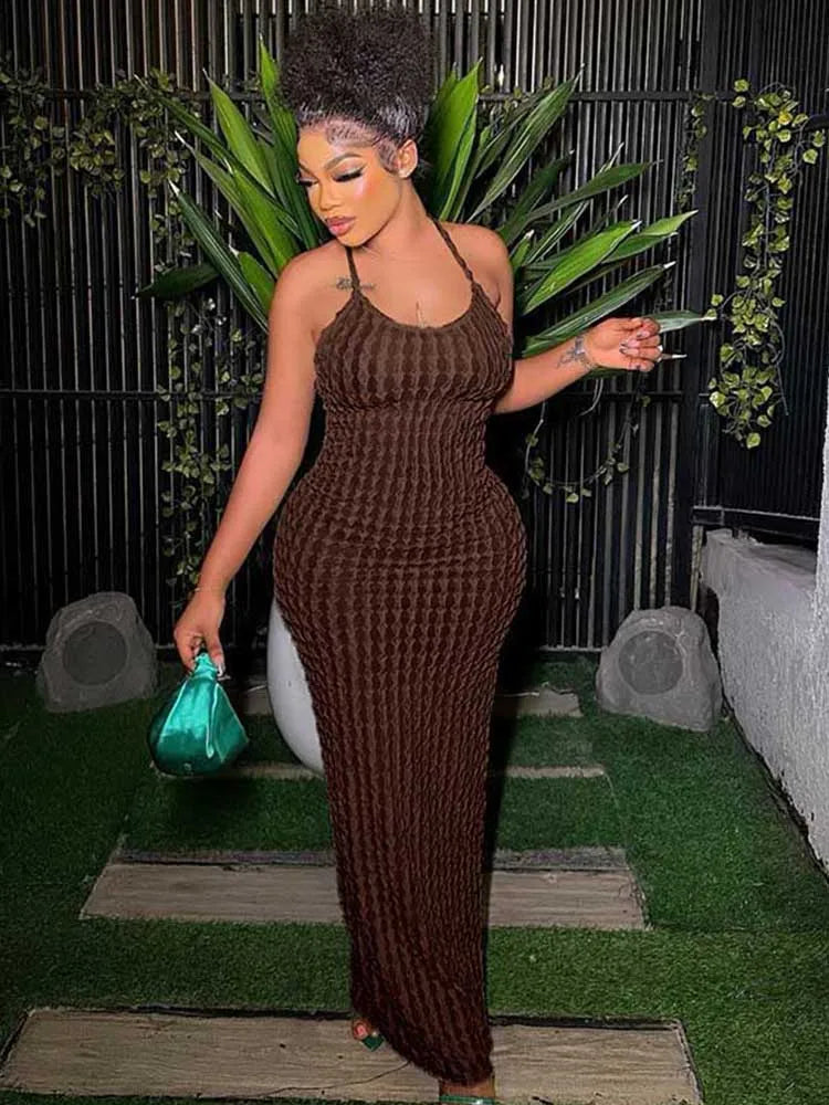 Popcorn Knit Halter Neck Scoop Neck Bodycon Maxi Dress