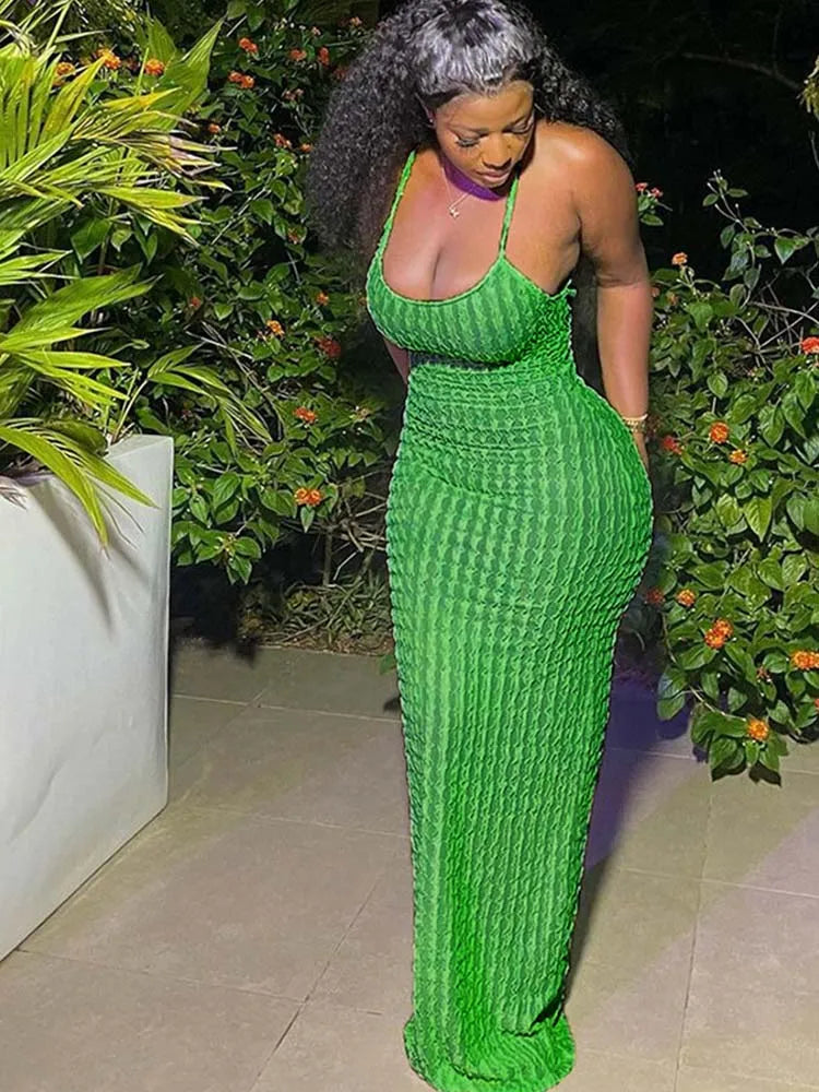 Popcorn Knit Halter Neck Scoop Neck Bodycon Maxi Dress