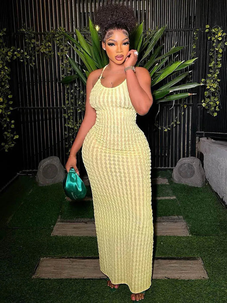 Popcorn Knit Halter Neck Scoop Neck Bodycon Maxi Dress