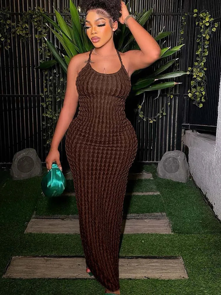 Popcorn Knit Halter Neck Scoop Neck Bodycon Maxi Dress