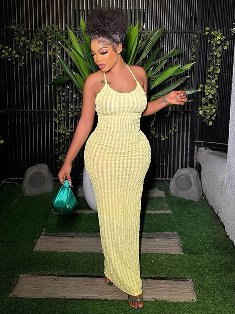 Popcorn Knit Halter Neck Scoop Neck Bodycon Maxi Dress